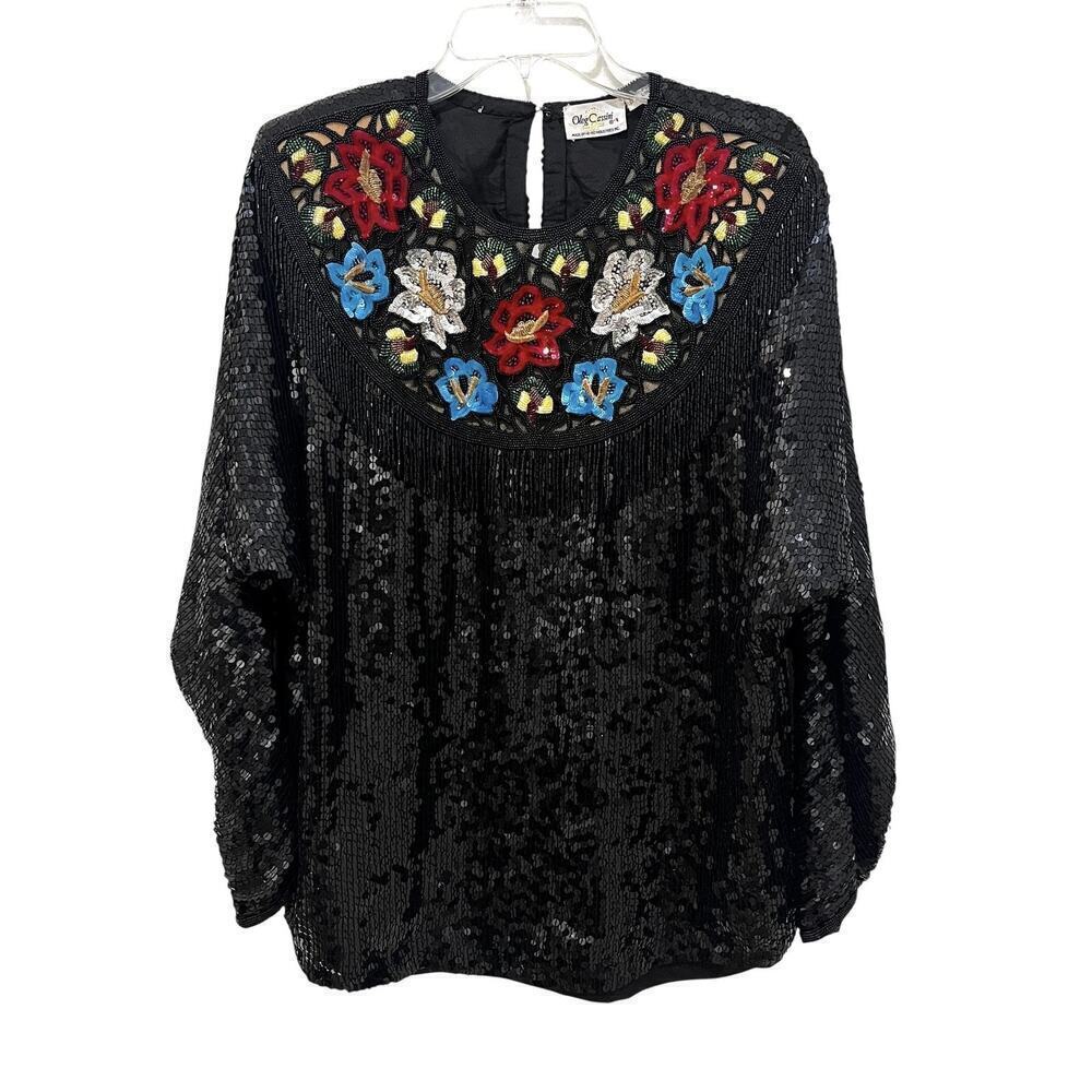 Vintage Oleg Cassini TopWomens M/L Sequin Silk Floral Beaded 80s Deco